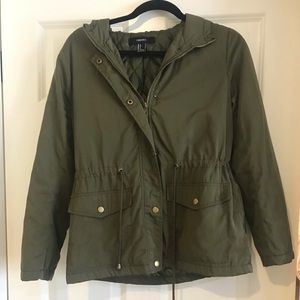 Olive F21 jacket with adjustable ties at the waist